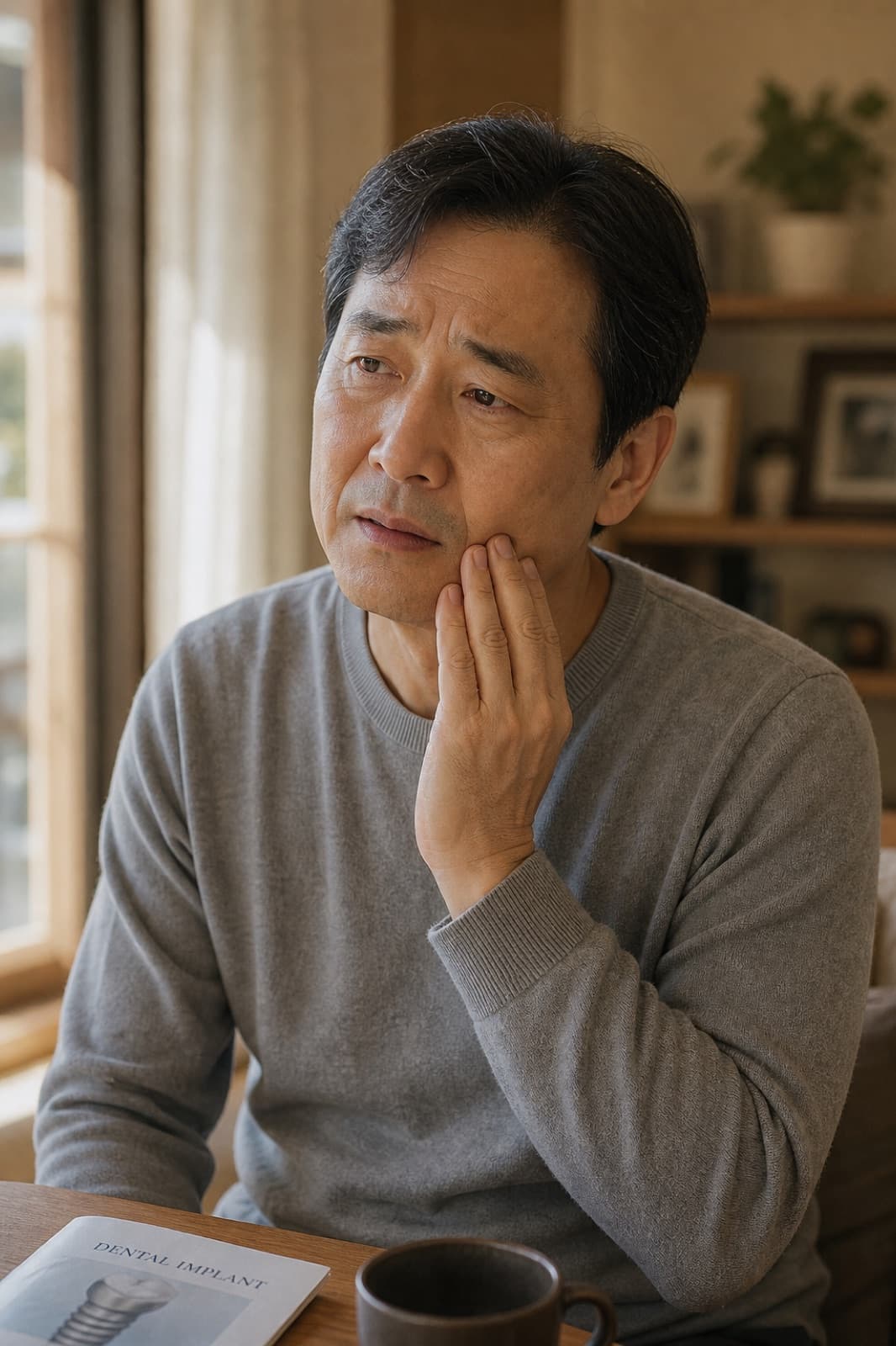 빠진 치아로 불편함을 느끼는 중년 남성