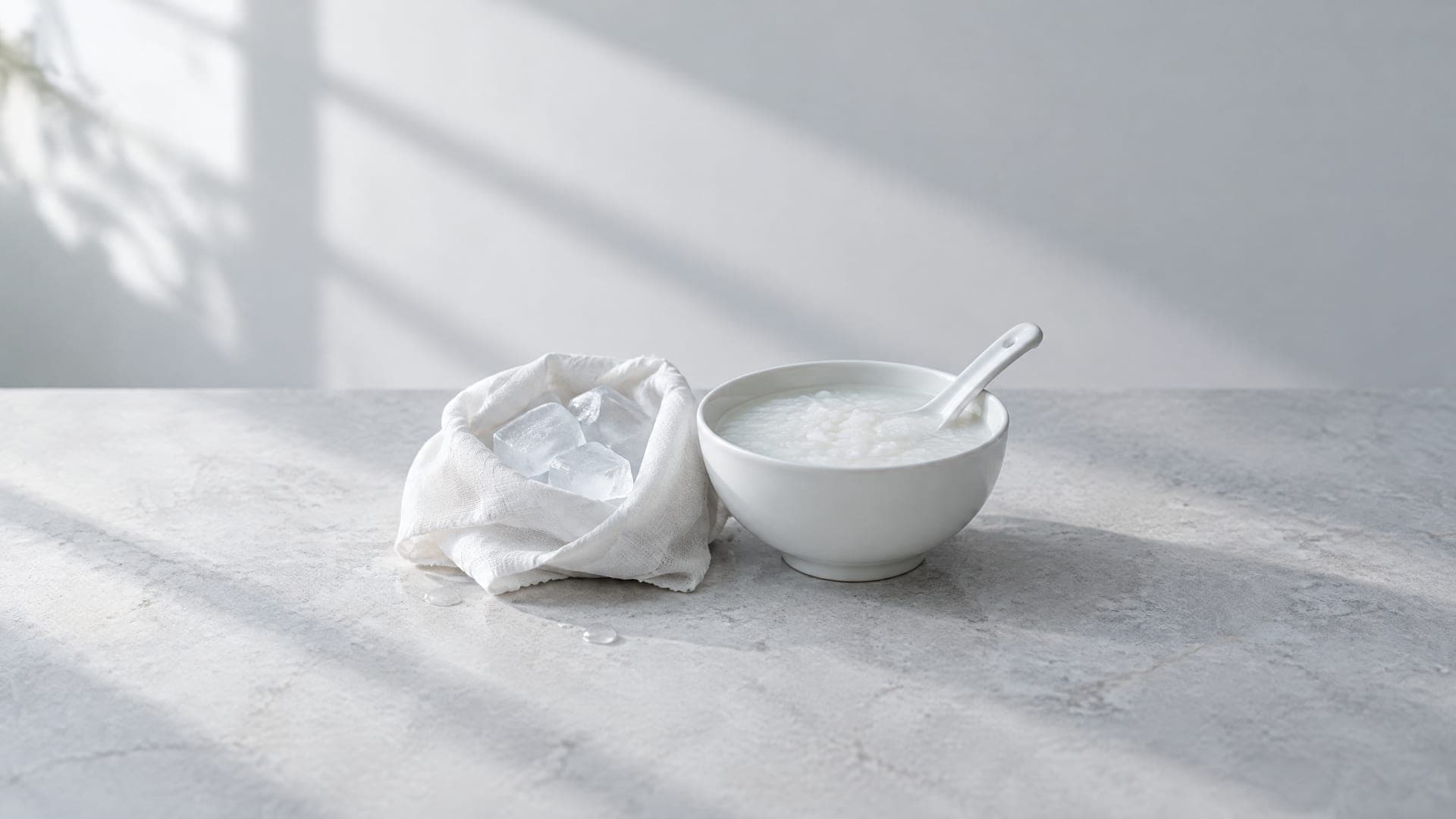 얼음을 싼 흰 천과 부드러운 죽 한 그릇.