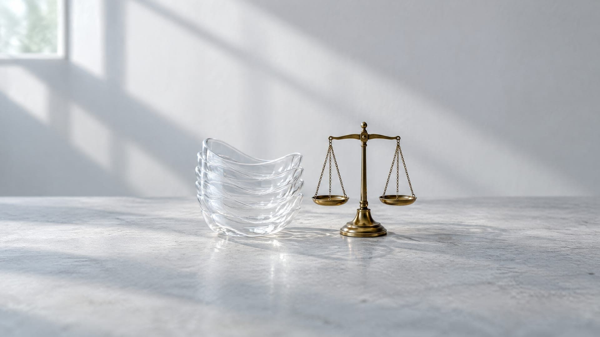 겹쳐 쌓은 투명한 틀과 빈 저울.