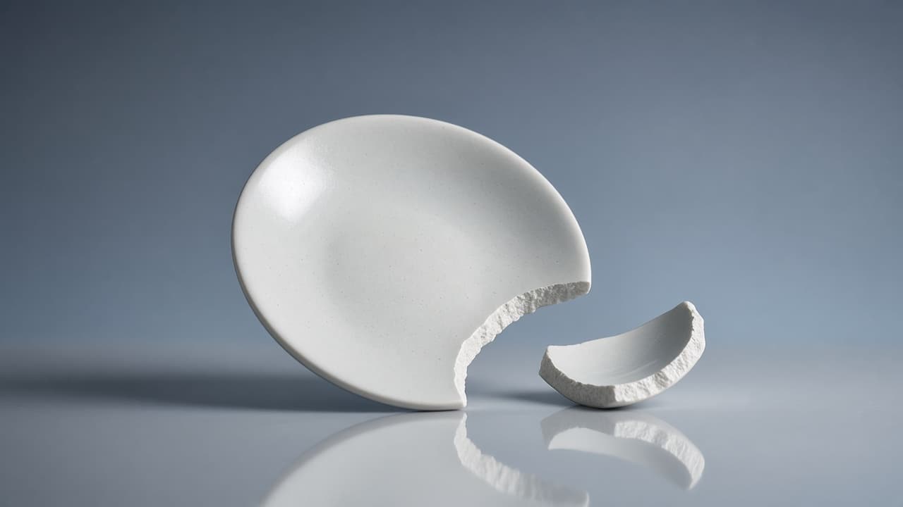 빈자리가 있는 무언가 — 이 빠진 도자기, 떨어져 나간 타일. 치아를 그리지 않습니다.
